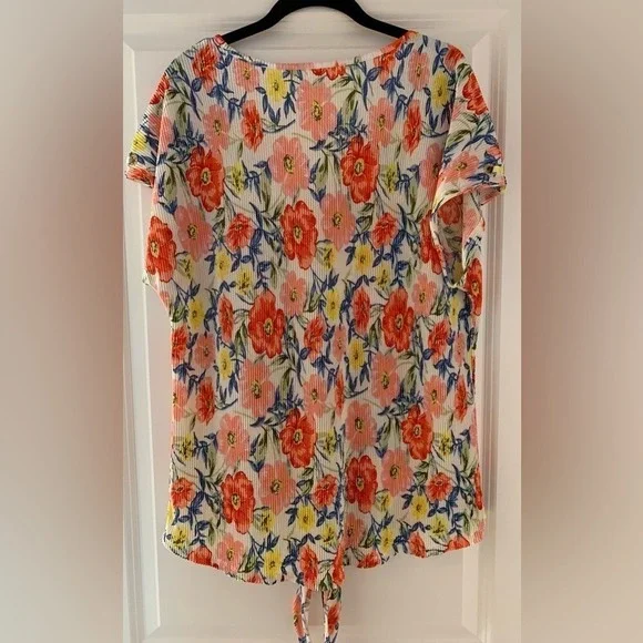 Cure L Floral V-Neck Short Sleeve Top Tie Front Rhinestone 0083 - Picture 6 of 10